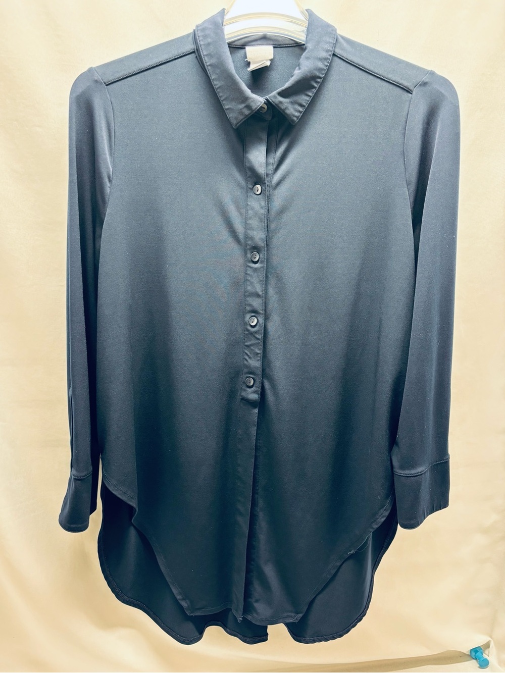 Chicos 2 (12-14) No Iron Button Up Tunic Navy Blue Stretch Flip Cuff Collared